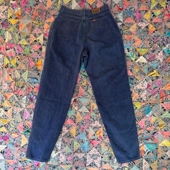 VTG Lee Railroad Pinstripe High Waist Made USA 13 Womens Jeans Leather Patch 80s - Picture 8 of 8